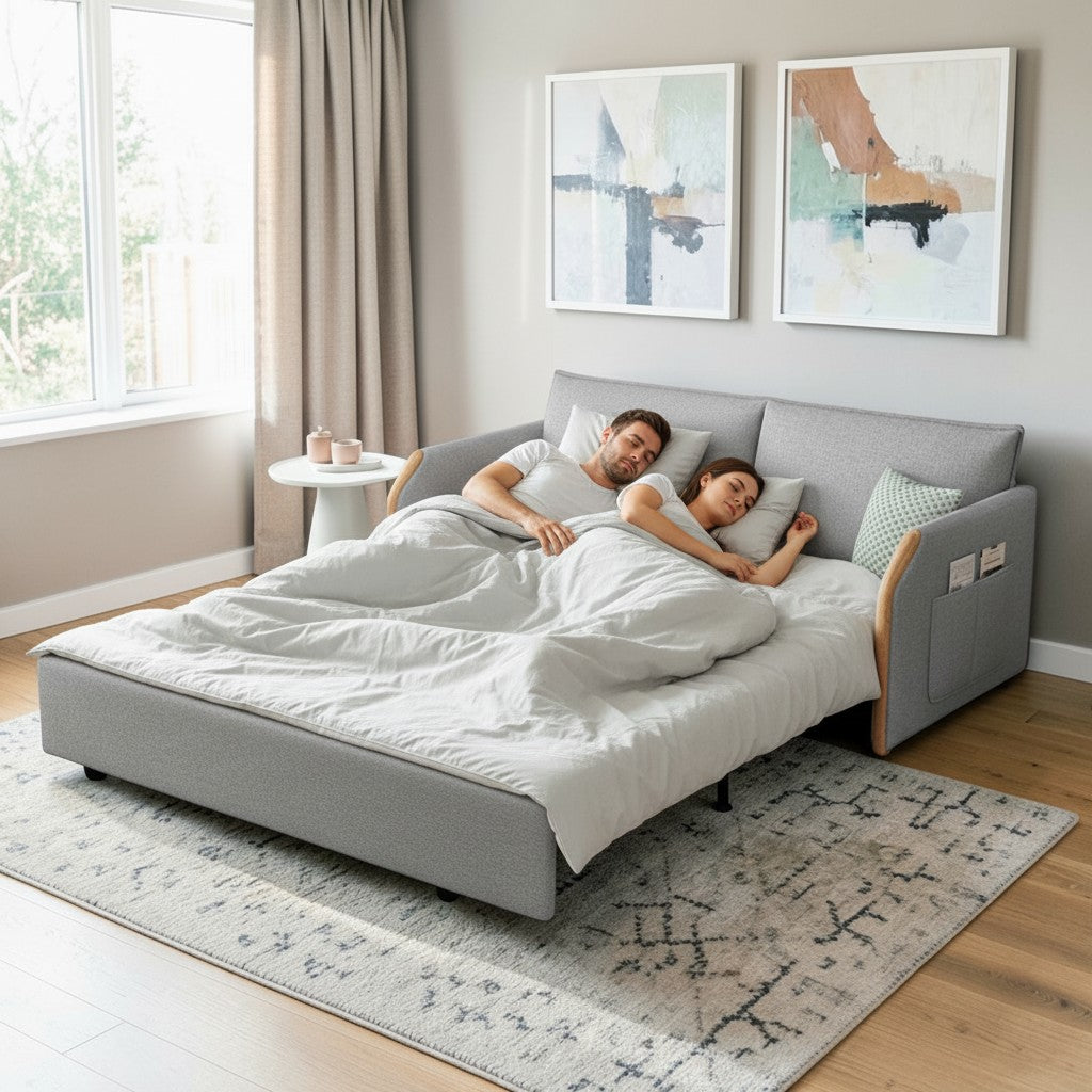 UNICORN FURNITURE Convertible Sofa Bed with Storage, King Size Pull Out Sofa Bed, 3 Seater Sofa Bed in Removable Cotton Fabric, Tool-Free Assembly Sofa Bed with Hidden Storage 170cm (Glacier Grey)