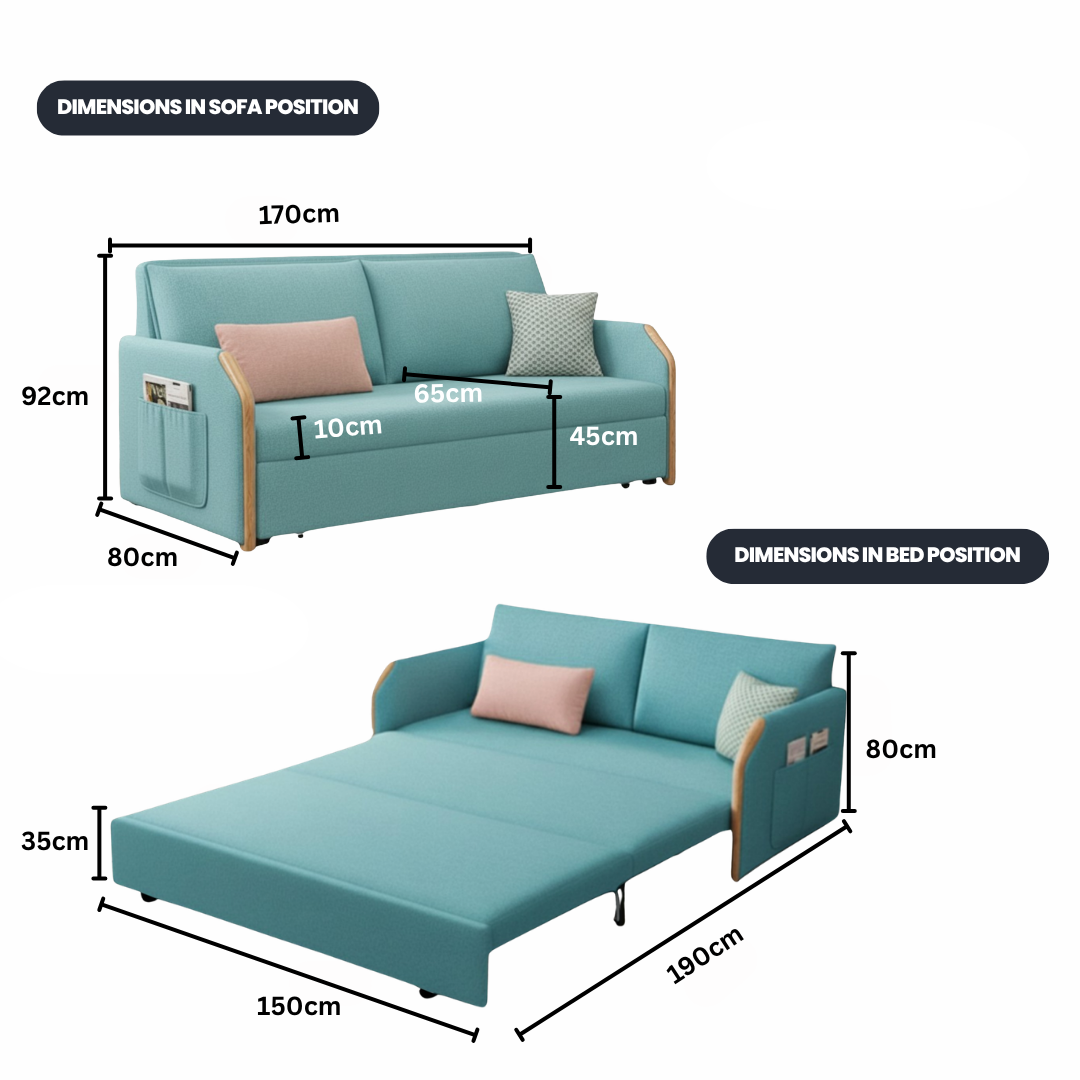 UNICORN FURNITURE Convertible Sofa Bed with Storage, King Size Pull Out Sofa Bed, 3 Seater Sofa Bed in Removable Cotton Fabric, Tool-Free Assembly Sofa Bed with Hidden Storage 170cm (Duck Egg Blue)