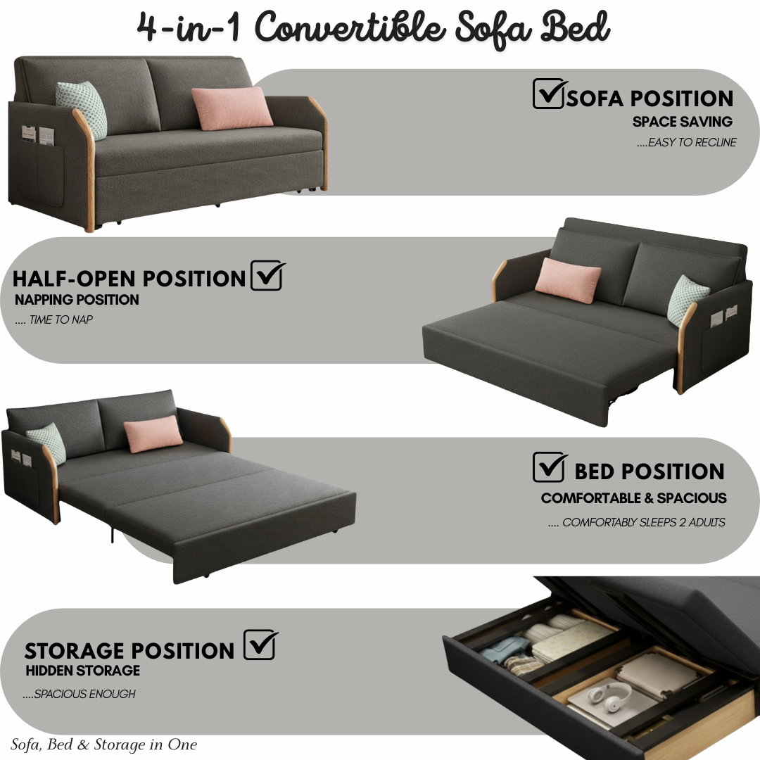 UNICORN FURNITURE Convertible Sofa Bed with Storage, King Size Pull Out Sofa Bed, 3 Seater Sofa Bed in Removable Cotton Fabric, Tool-Free Assembly Sofa Bed with Hidden Storage 170cm (Dark Grey)