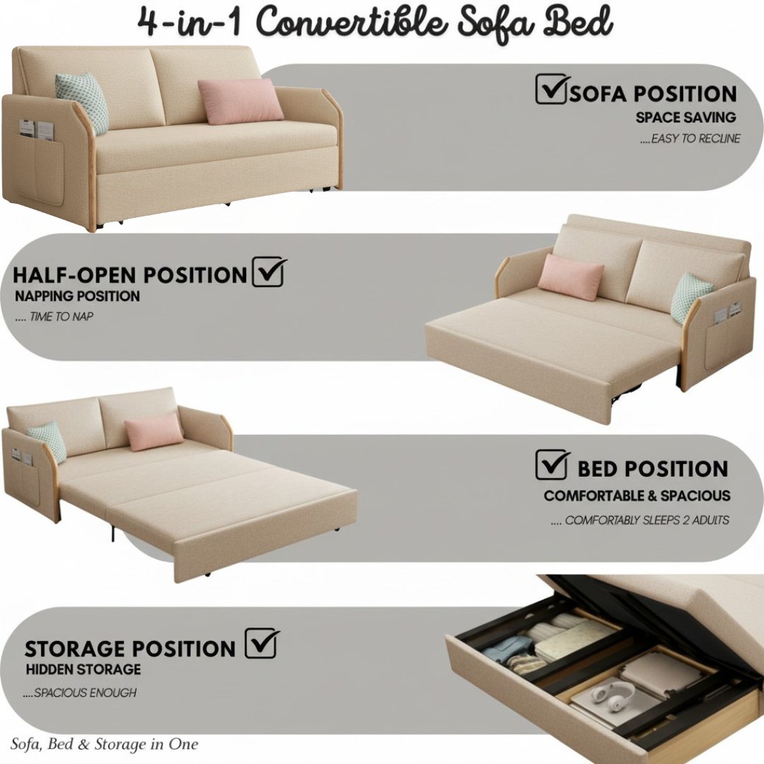 UNICORN FURNITURE Convertible Sofa Bed with Storage, King Size Pull Out Sofa Bed, 3 Seater Sofa Bed in Removable Cotton Fabric, Tool-Free Assembly Sofa Bed with Hidden Storage 170cm (Beige)