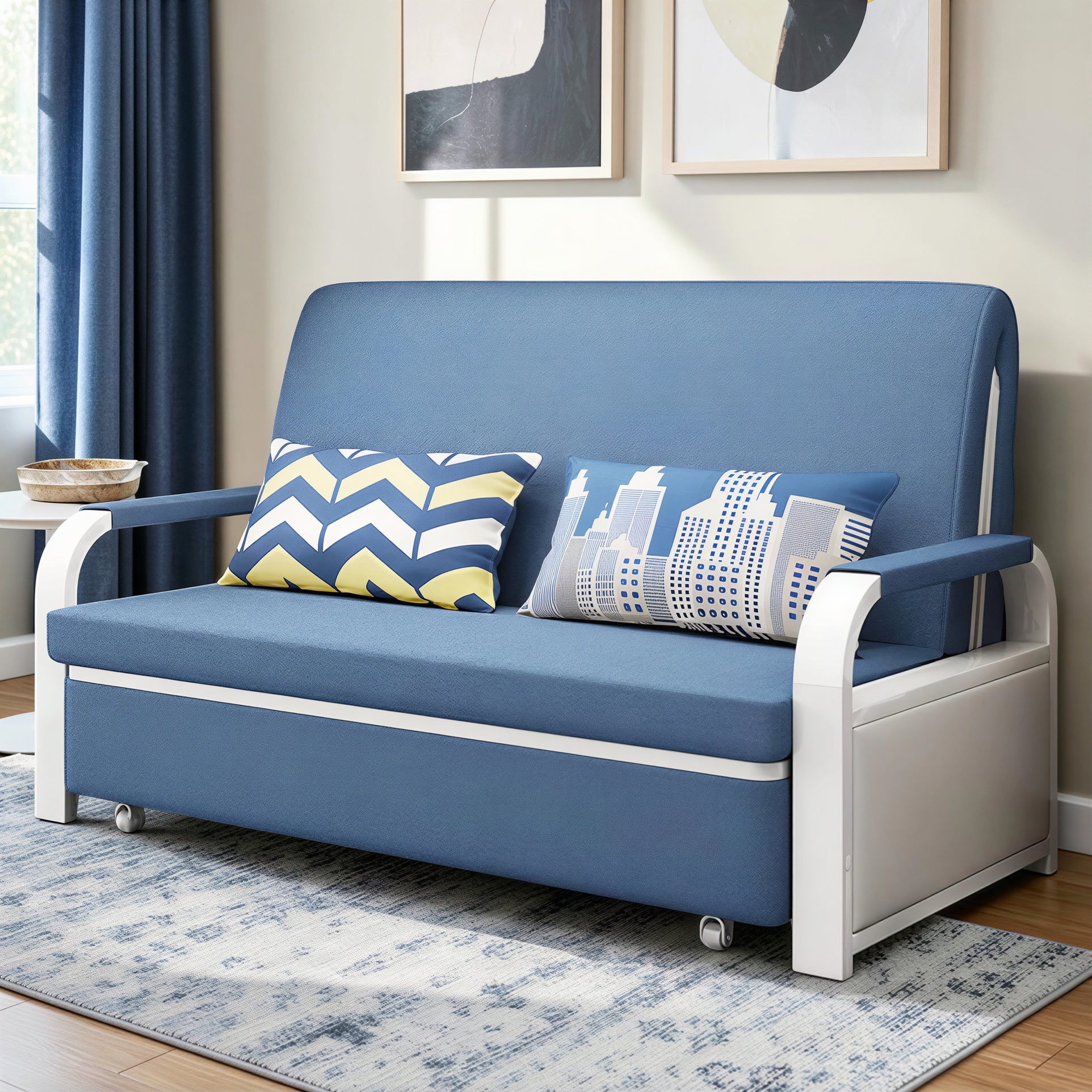 Unicorn Furniture Sofa Bed - Modern Foldable Bed Pull Out Sofa Bed with Storage Sofabed sofa cum bed in Made to Match Cushions (Blue/White)