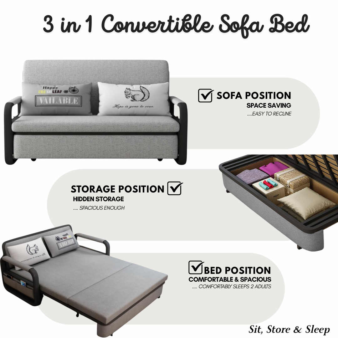 UNICORN FURNITURE Pull Out Sofa Bed with Storage – Convertible 2 Seater Sofa Bed, Reclining Sleeper Couch, Compact Space Saving Sofabed for Living Room, Guest Room & Small Spaces 158cm (Glacier Grey)