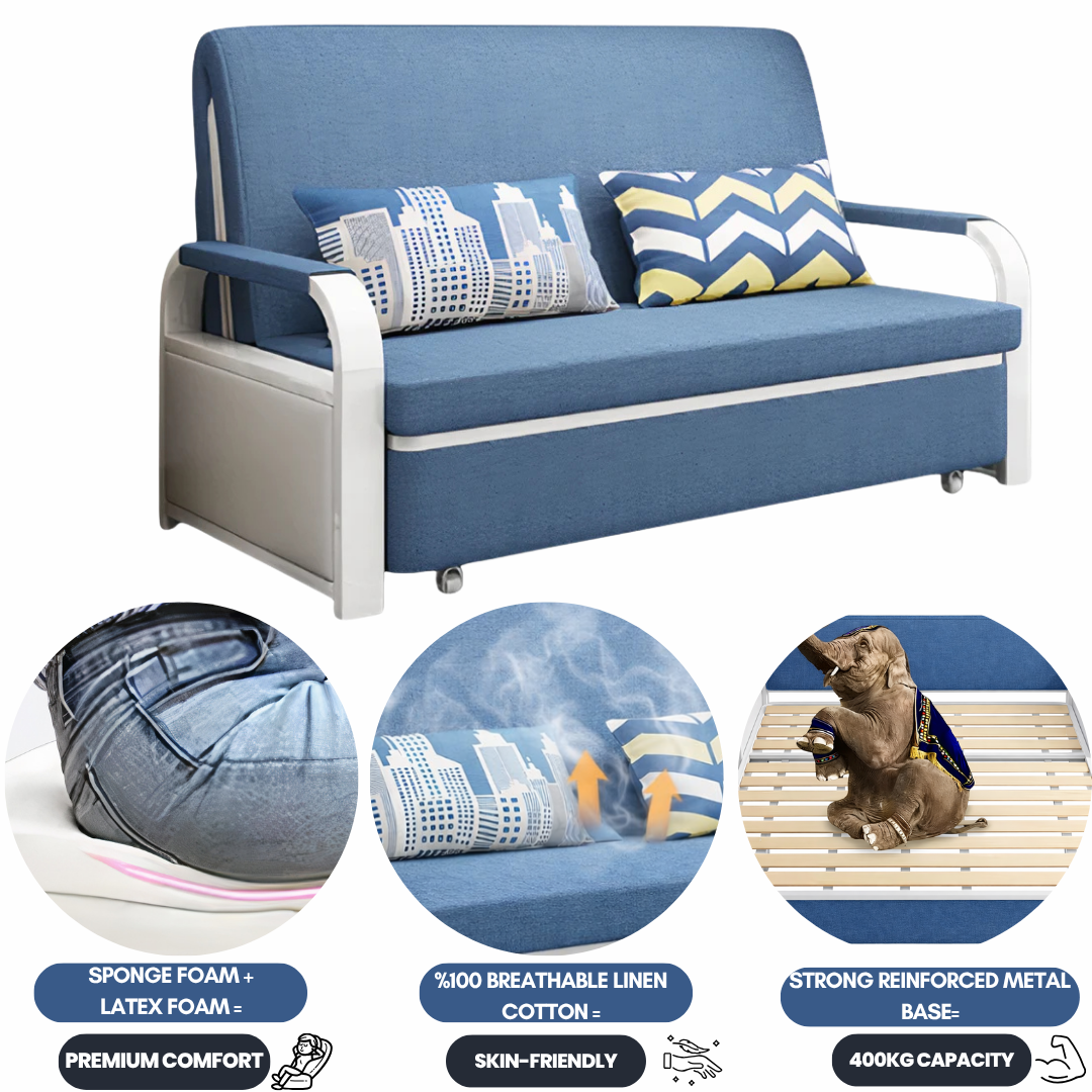 Unicorn Furniture Sofa Bed - Modern Foldable Bed Pull Out Sofa Bed with Storage Sofabed sofa cum bed in Made to Match Cushions (Blue/White)
