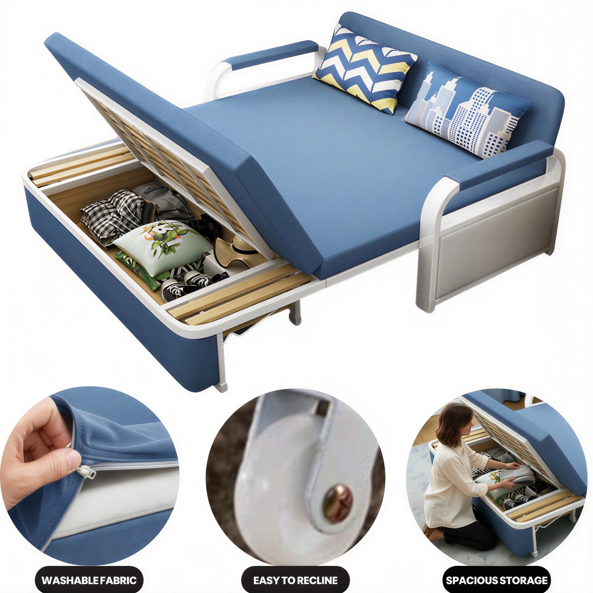 Unicorn Furniture Sofa Bed - Modern Foldable Bed Pull Out Sofa Bed with Storage Sofabed sofa cum bed in Made to Match Cushions (Blue/White)