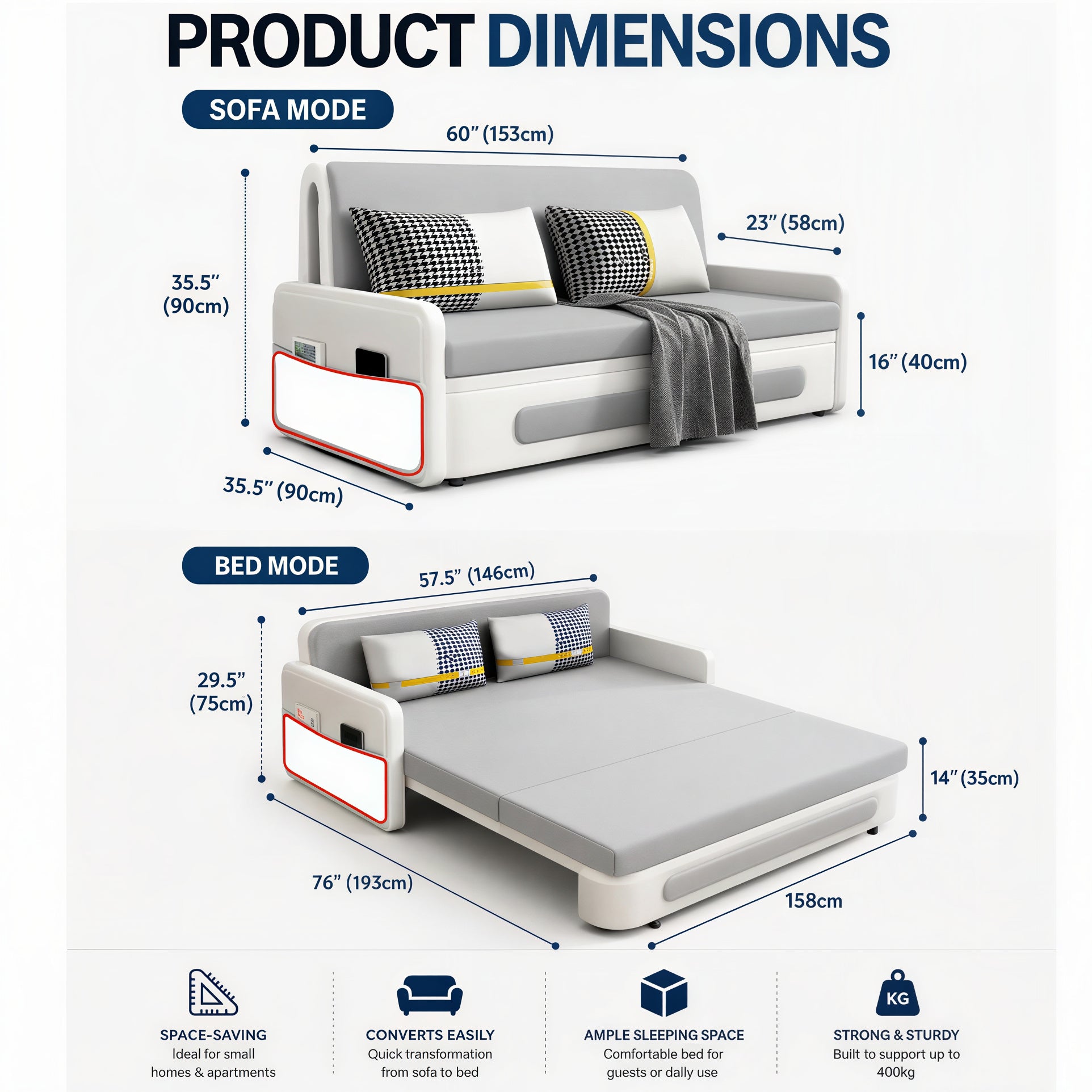 UNICORN FURNITURE Convertible Sleeper Sofa Bed Modern Reclining Foldable Bed Pull Out Sofa Bed With Storage Space Saving Multifunctional Sofabed (Light Grey & White)