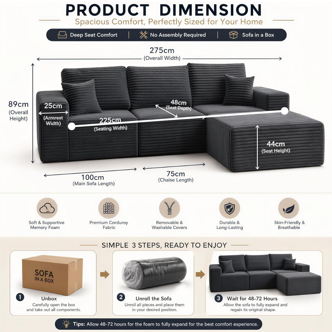 UNICORN FURNITURE Modular Cloud Sofa Bed in a Box – 275cm L-Shaped Boneless Couch, Deep Seat Memory Foam Sectional Sofa, Pet Friendly Corduroy Corner Sofa with Chaise (Dark Grey)