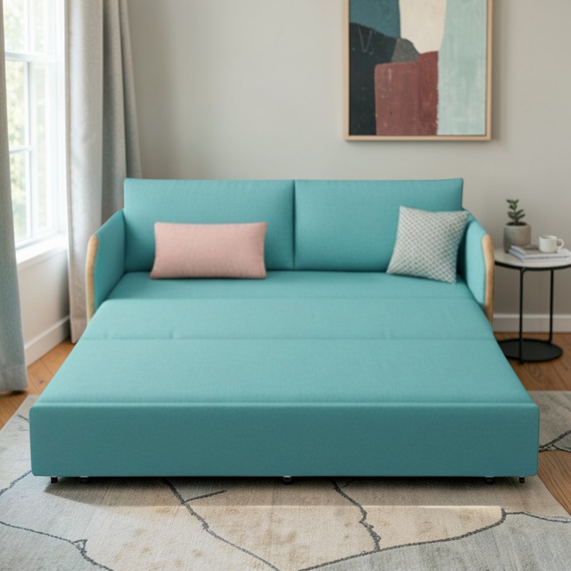 UNICORN FURNITURE Convertible Sofa Bed with Storage, King Size Pull Out Sofa Bed, 3 Seater Sofa Bed in Removable Cotton Fabric, Tool-Free Assembly Sofa Bed with Hidden Storage 170cm (Duck Egg Blue)