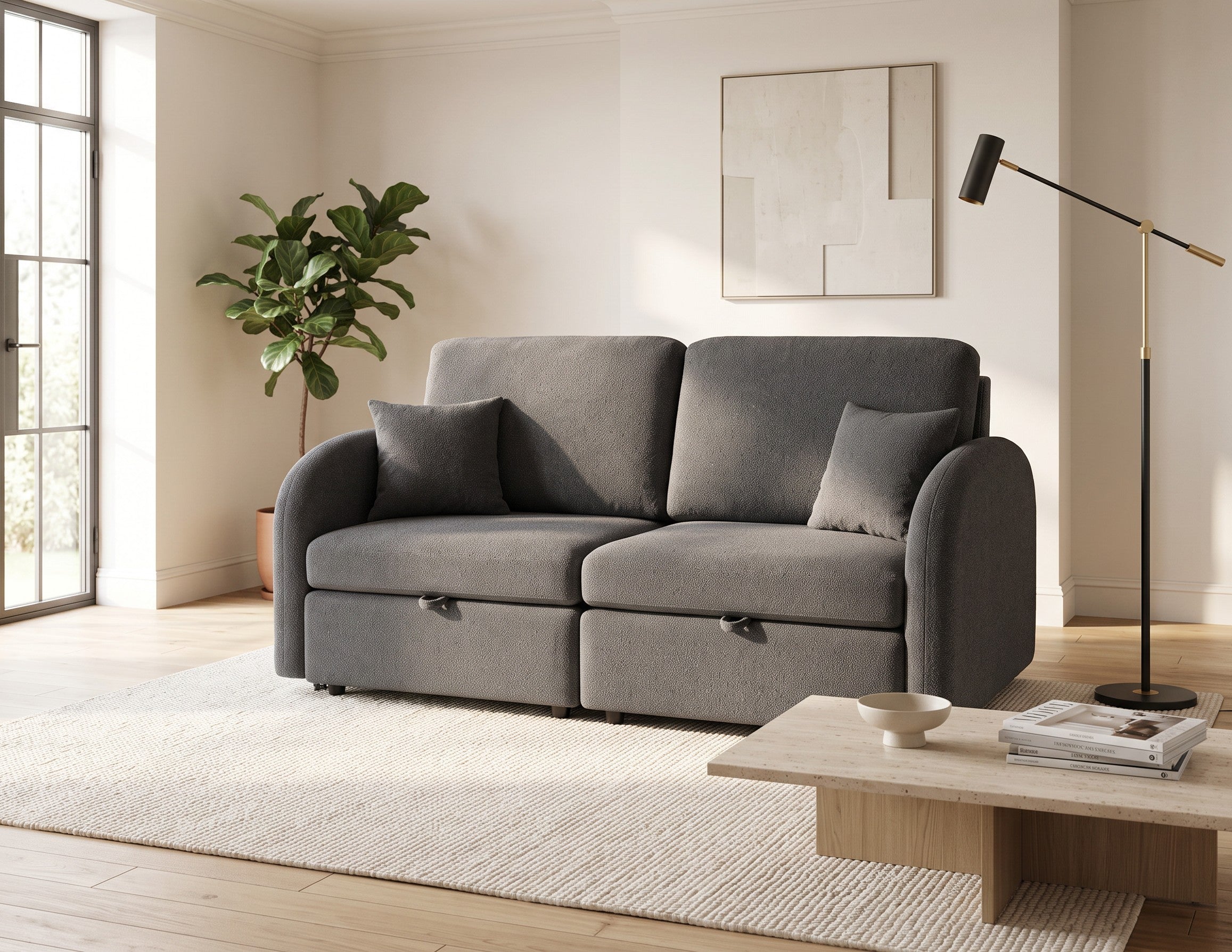 UNICORN FURNITURE Convertible 2 Seater Pull Out Sofa Bed with Storage & 5-Level Reclining Backrest – Dark Grey