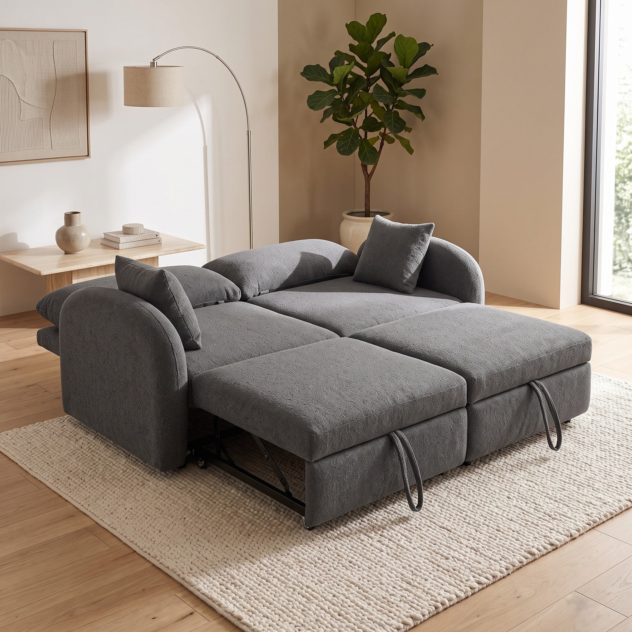 UNICORN FURNITURE Convertible 2 Seater Pull Out Sofa Bed with Storage & 5-Level Reclining Backrest – Dark Grey