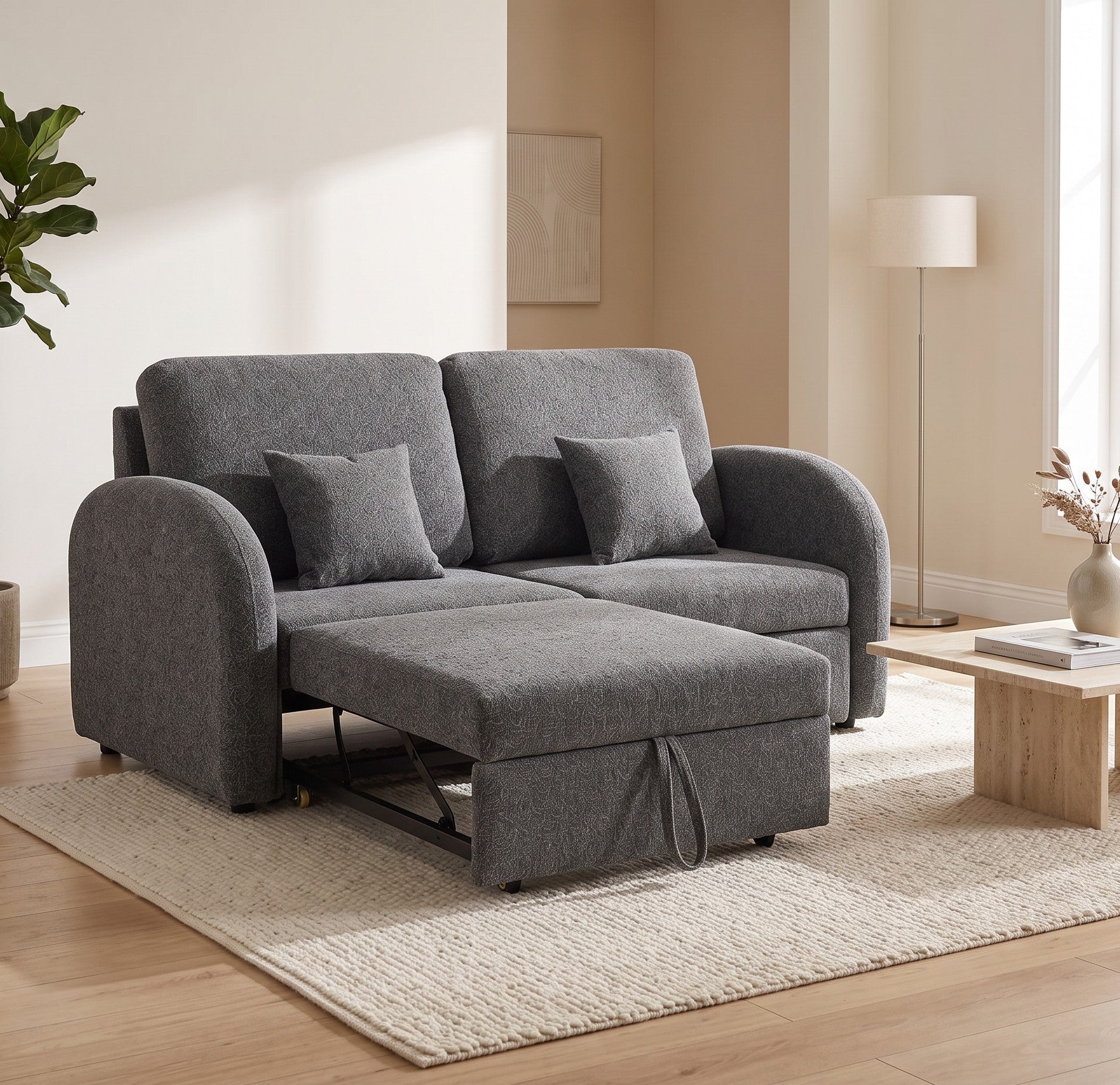 UNICORN FURNITURE Convertible 2 Seater Pull Out Sofa Bed with Storage & 5-Level Reclining Backrest – Dark Grey