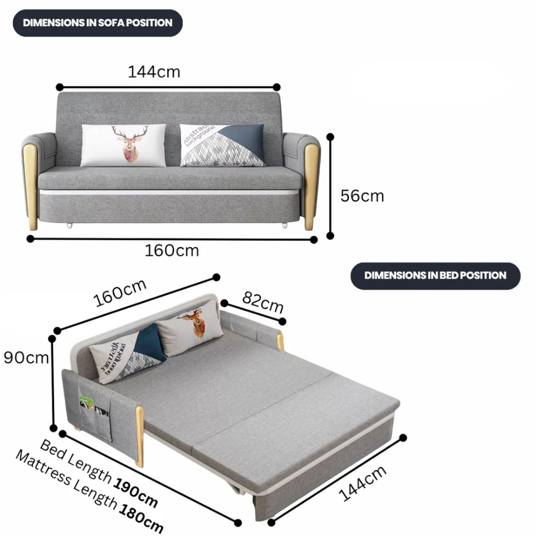 Unicorn Furniture Sofa Bed - Modern Foldable Bed - Pull Out Sofa Bed with Storage Breathable Cotton Linen Fabric- Sofabed- sofa cum bed in -Padded armrests (Grey)