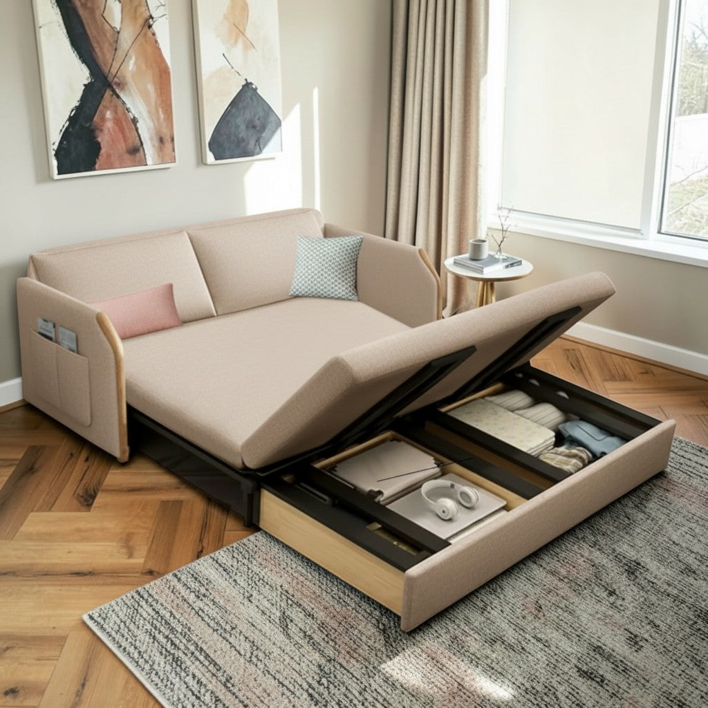 UNICORN FURNITURE Convertible Sofa Bed with Storage, King Size Pull Out Sofa Bed, 3 Seater Sofa Bed in Removable Cotton Fabric, Tool-Free Assembly Sofa Bed with Hidden Storage 170cm (Beige)