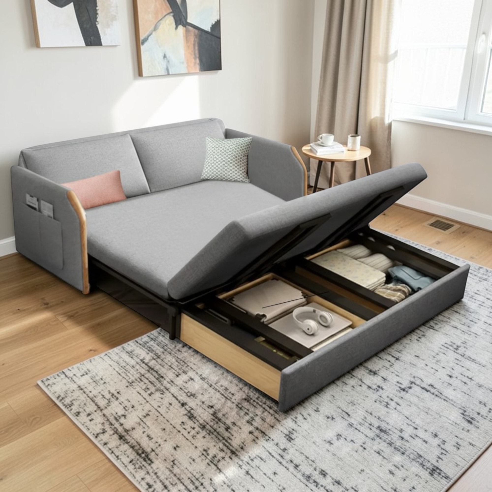 UNICORN FURNITURE Convertible Sofa Bed with Storage, King Size Pull Out Sofa Bed, 3 Seater Sofa Bed in Removable Cotton Fabric, Tool-Free Assembly Sofa Bed with Hidden Storage 170cm (Glacier Grey)