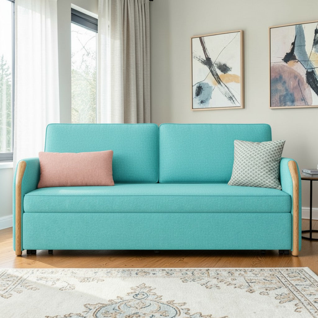 UNICORN FURNITURE Convertible Sofa Bed with Storage, King Size Pull Out Sofa Bed, 3 Seater Sofa Bed in Removable Cotton Fabric, Tool-Free Assembly Sofa Bed with Hidden Storage 170cm (Duck Egg Blue)