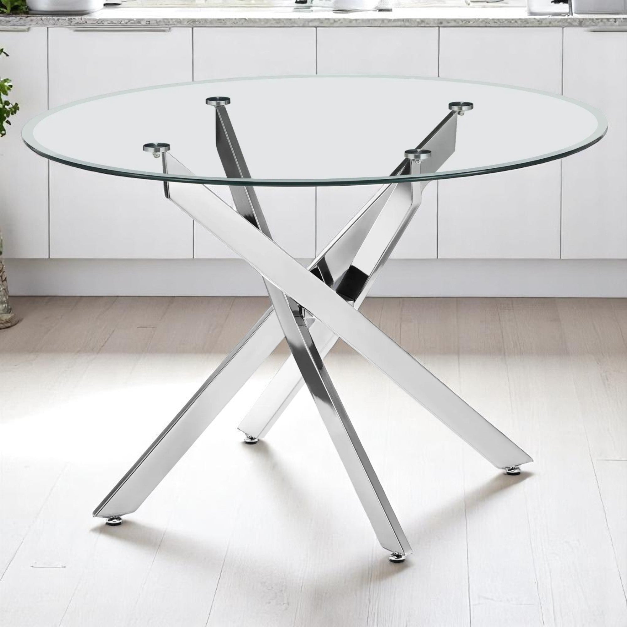 UNICORN FURNITURE 100cm Round Glass Dining Table Set with 4 Faux Leather Chairs – Modern Chrome Nest Design, Tempered Glass Top, for Restaurant Furniture Set - Kitchen & Dining Room (Grey Chairs)