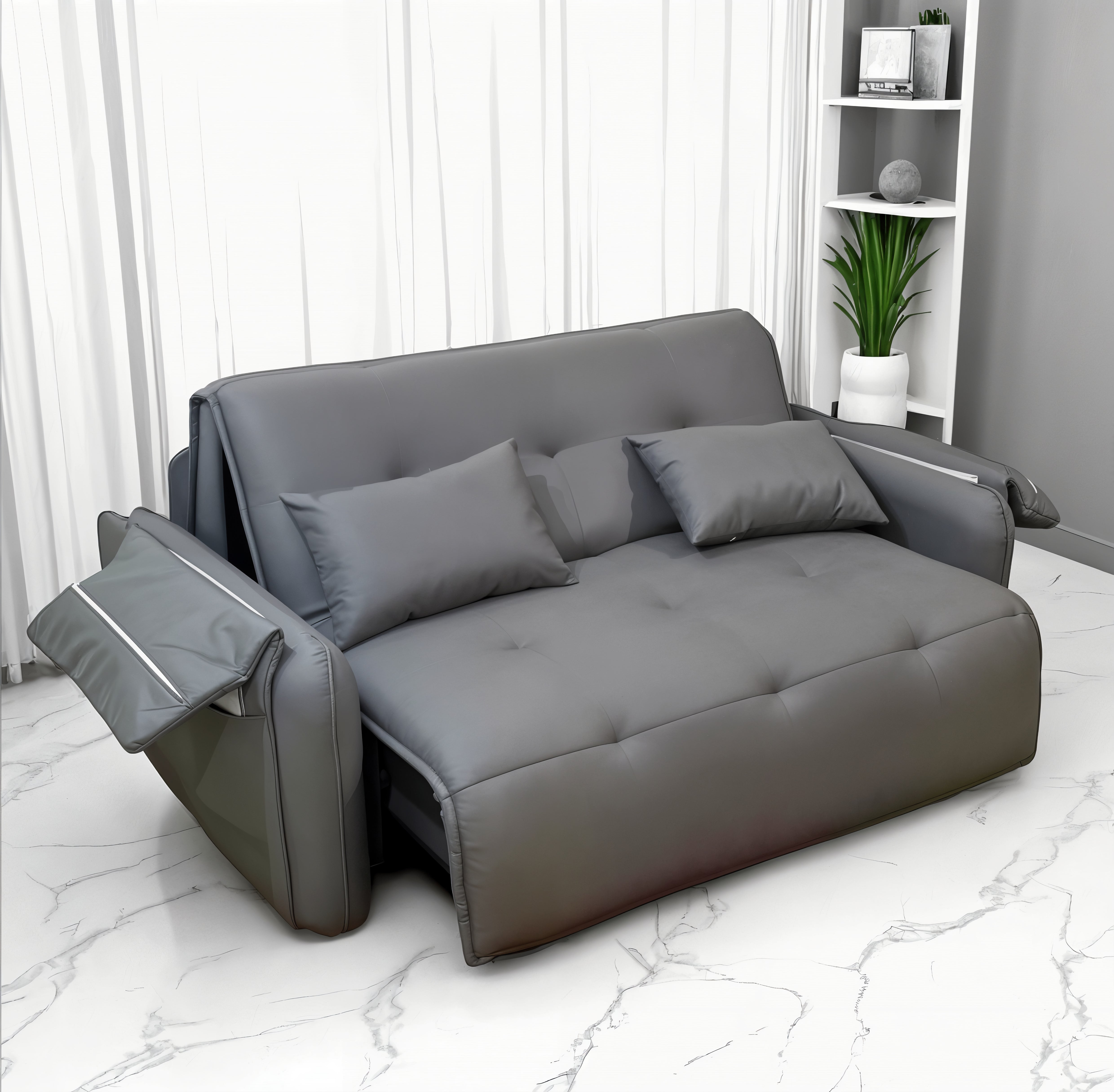 UNICORN FURNITURE Elephant Style Pull Out Sofa Bed Remote Control Recliner Motorised 3-Seater Pull Out Sofa Bed with Storage in Faux Leather with 5-Speed Adjustable Legrest, Ergonomic Support