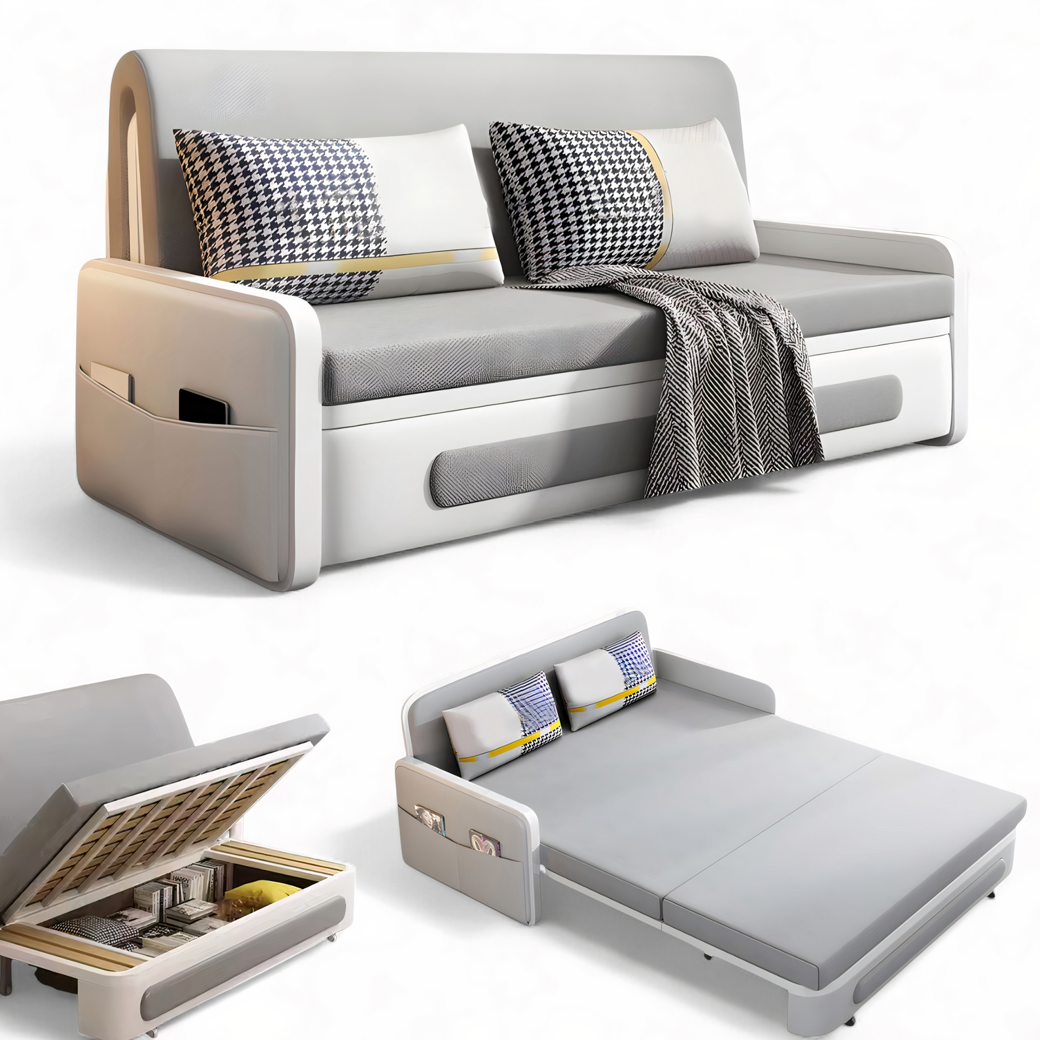 UNICORN FURNITURE Convertible Sleeper Sofa Bed Modern Reclining Foldable Bed Pull Out Sofa Bed With Storage Space Saving Multifunctional Sofabed (Light Grey & White)