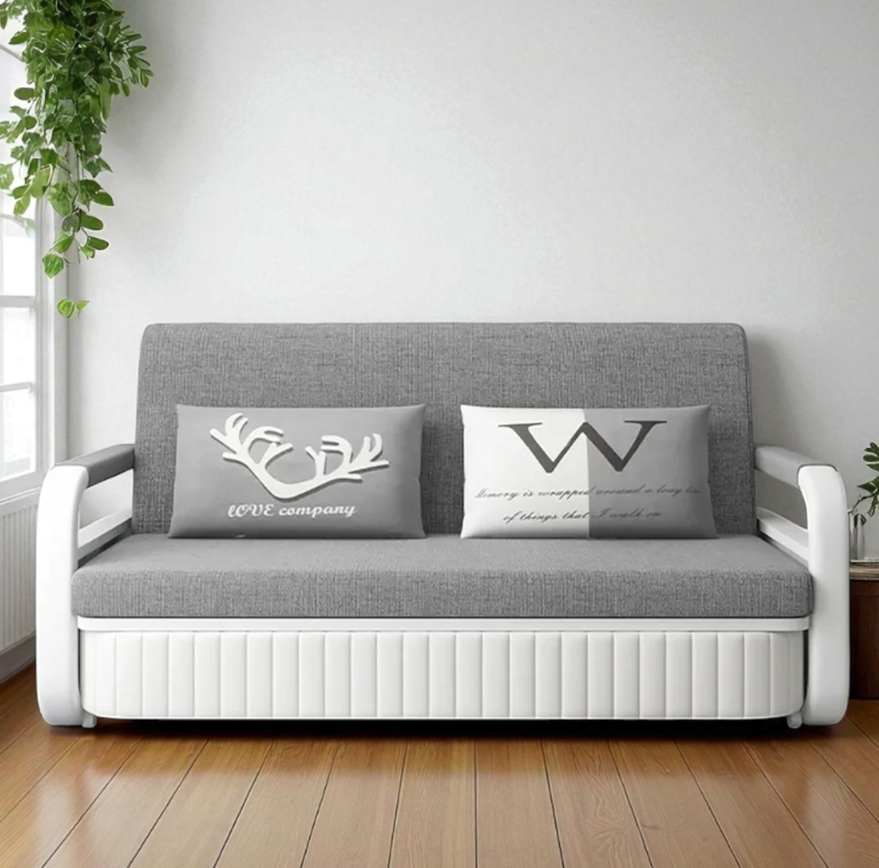 Unicorn Furniture Sofa Bed Modern Foldable Reclining Sleeper Bed Pull Out SofaBed with Storage Upholstered in Grey Cotton Linen & White Leather