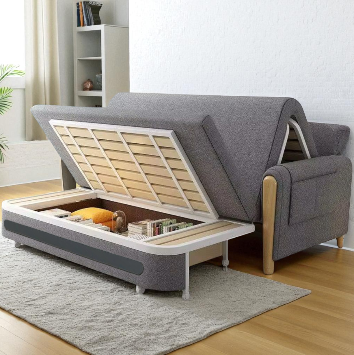 UNICORN FURNITURE Convertible Sleeper Sofa Bed Modern Reclining Foldable Bed Pull Out Sofa Bed With Storage Space Saving Multifunctional Sofabed (Grey/White Padded Armrests)