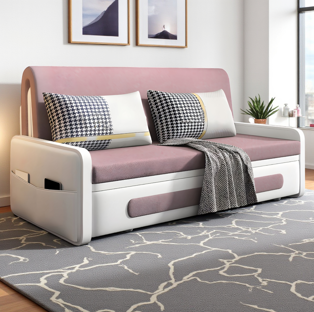 UNICORN FURNITURE Convertible Sleeper Sofa Bed Modern Reclining Foldable Bed Pull Out Sofa Bed With Storage Space Saving Multifunctional Sofabed (Pink & White)