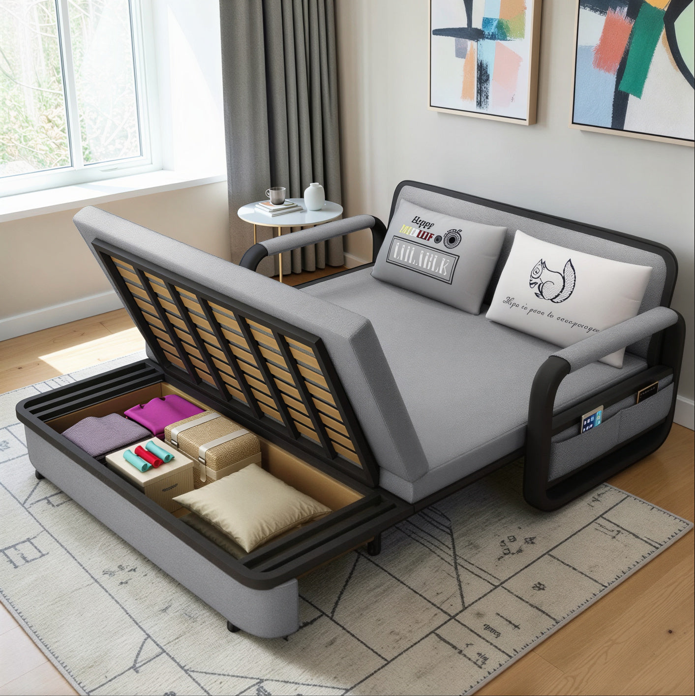 UNICORN FURNITURE Pull Out Sofa Bed with Storage – Convertible 2 Seater Sofa Bed, Reclining Sleeper Couch, Compact Space Saving Sofabed for Living Room, Guest Room & Small Spaces 158cm (Glacier Grey)