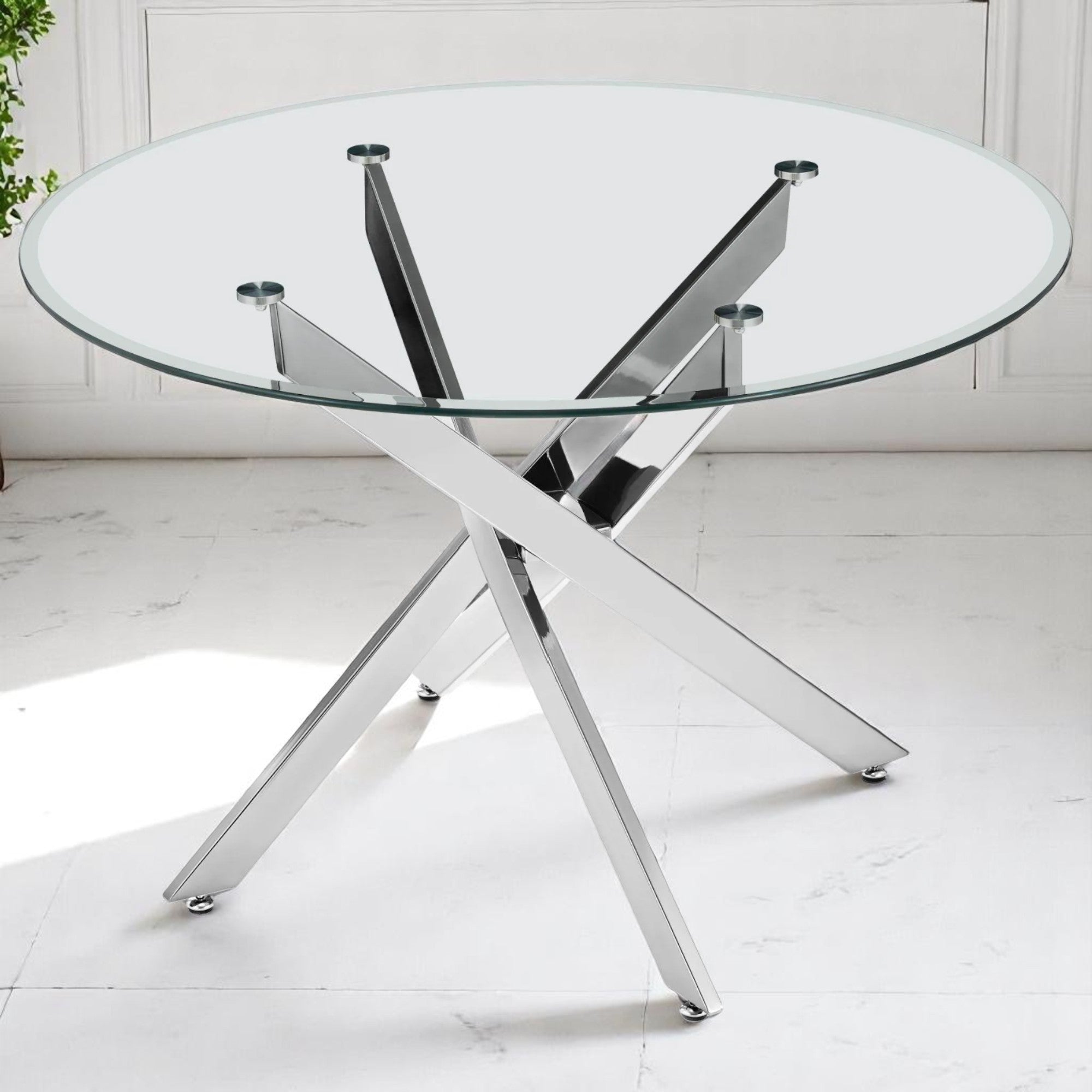 UNICORN FURNITURE 100cm Round Glass Dining Table Set with 4 Faux Leather Chairs – Modern Chrome Nest Design, Tempered Glass Top, for Kitchen & Dining Room