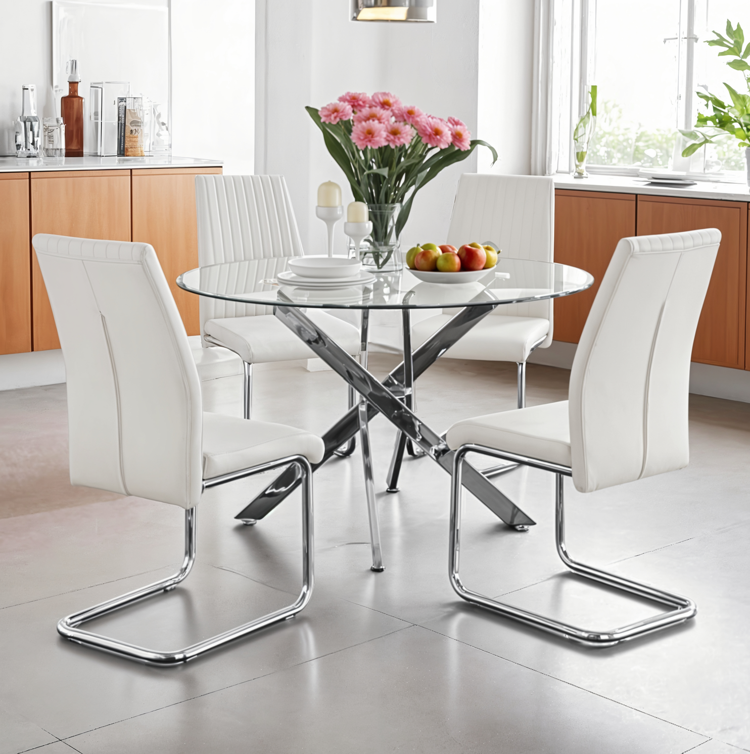 UNICORN FURNITURE 100cm Round Glass Dining Table Set with 4 Faux Leather Chairs – Modern Chrome Nest Design, Tempered Glass Top, for Kitchen & Dining Room