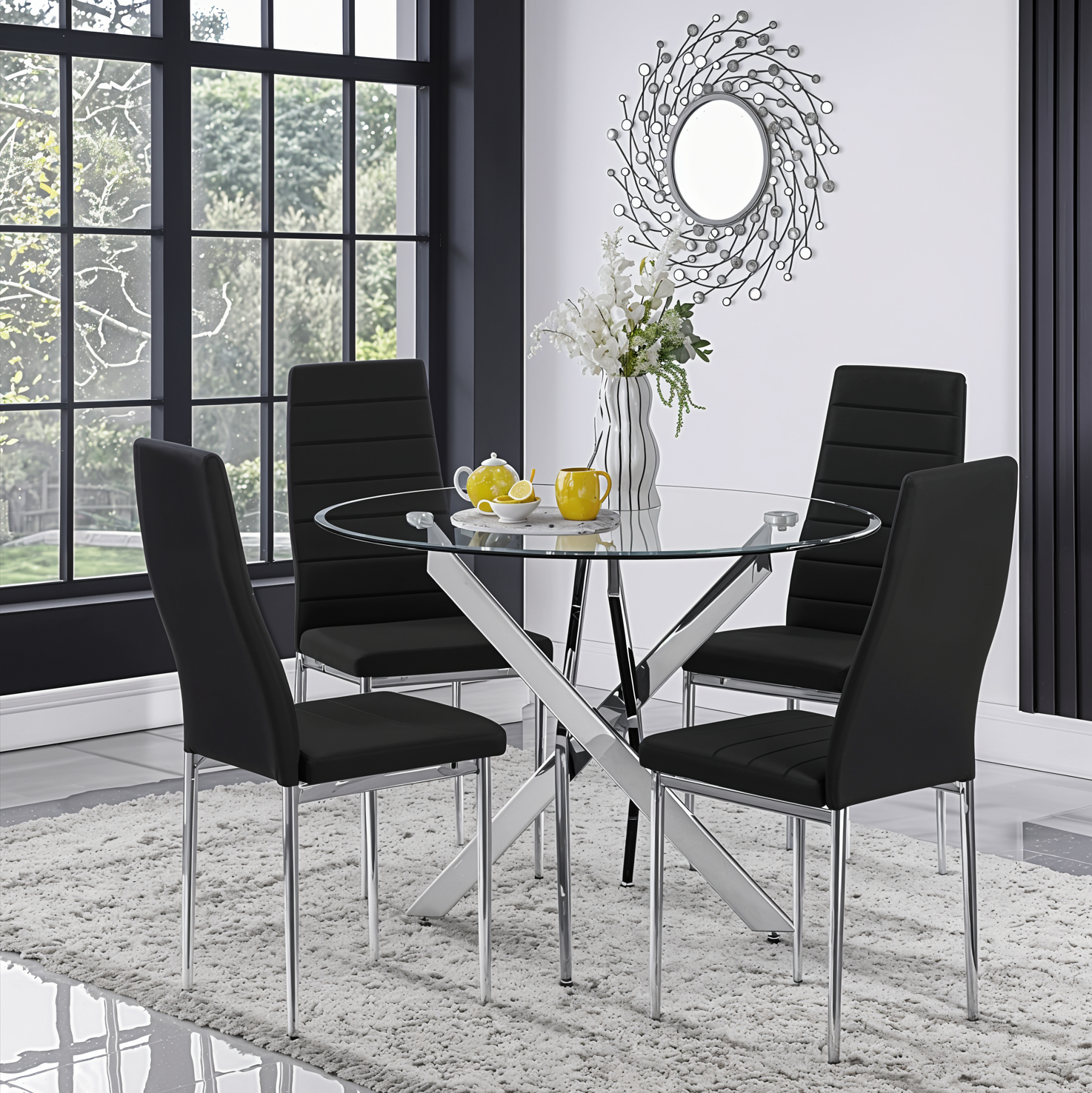 UNICORN FURNITURE 100cm Round Glass Dining Table Set with 4 Faux Leather Chairs – Modern Chrome Nest Design, Tempered Glass Top, for Restaurant Furniture Set - Kitchen & Dining Room (Black Chairs)