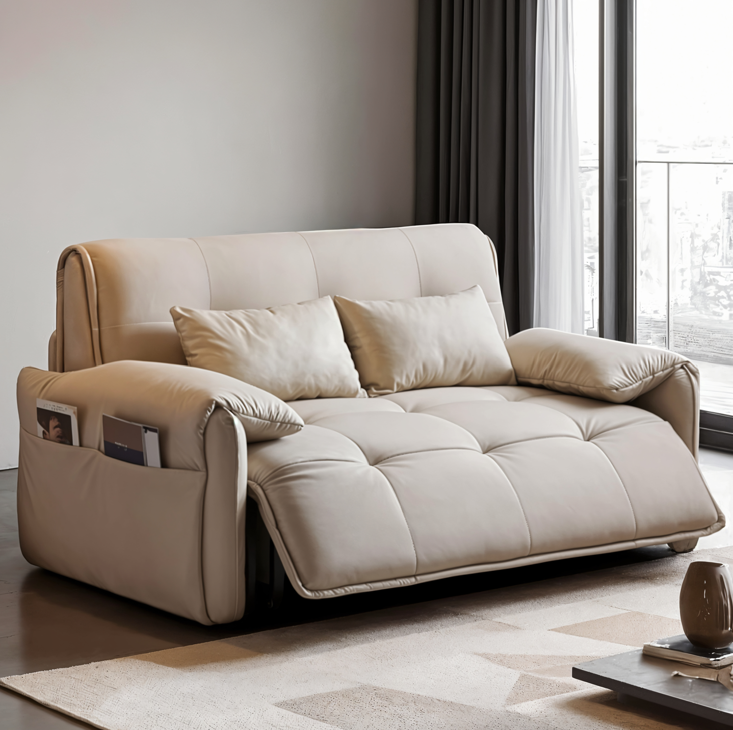 UNICORN FURNITURE Elephant Style Pull Out Sofa Bed Remote Control Recliner Motorised 3-Seater Pull Out Sofa Bed with Storage in Faux Leather with 5-Speed Adjustable Legrest, Ergonomic Support