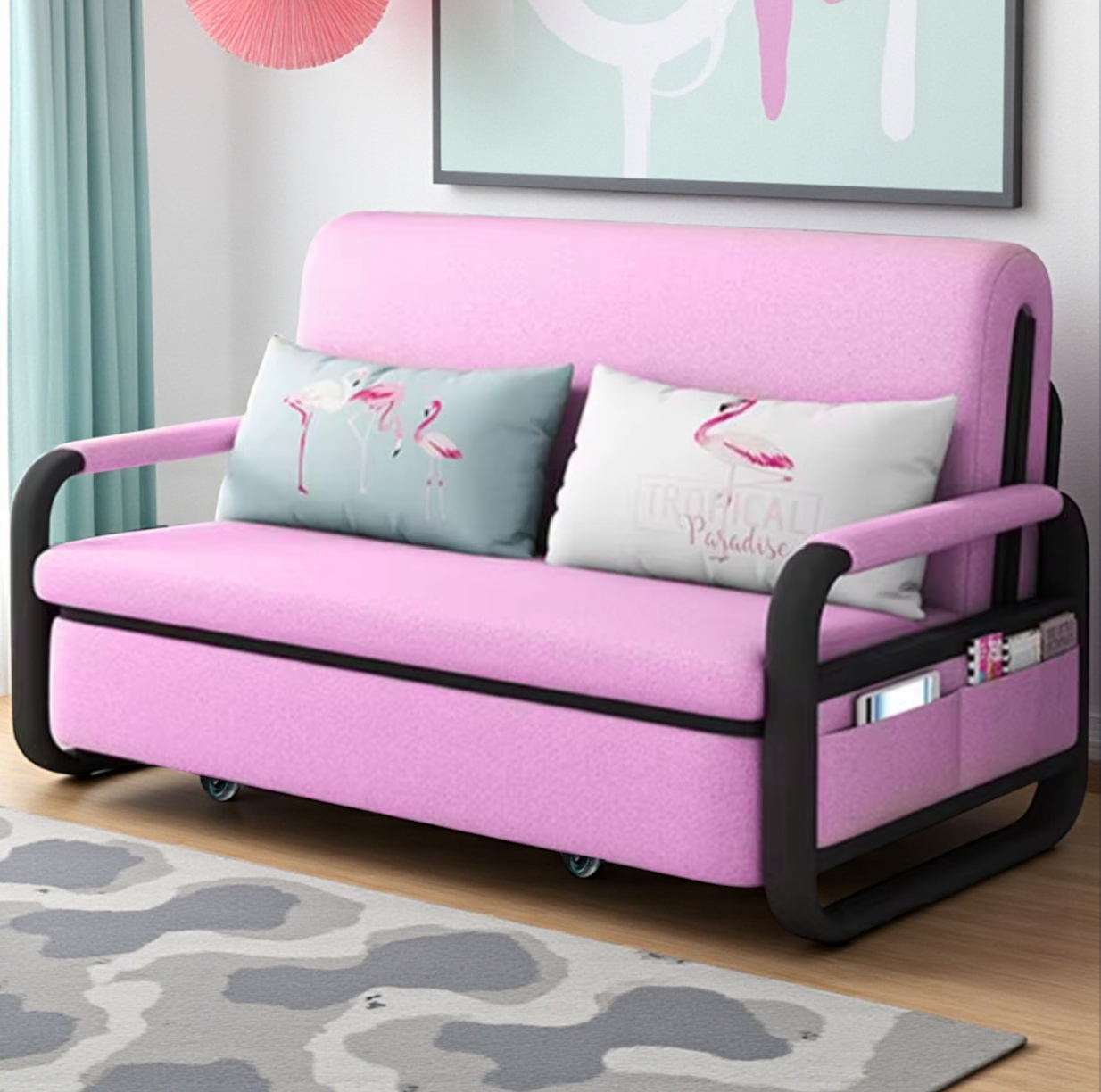 UNICORN FURNITURE Pull Out Sofa Bed with Storage – Convertible Reclining Compact Space Saving Sofabed for Small Spaces 158cm( Pink & Black)