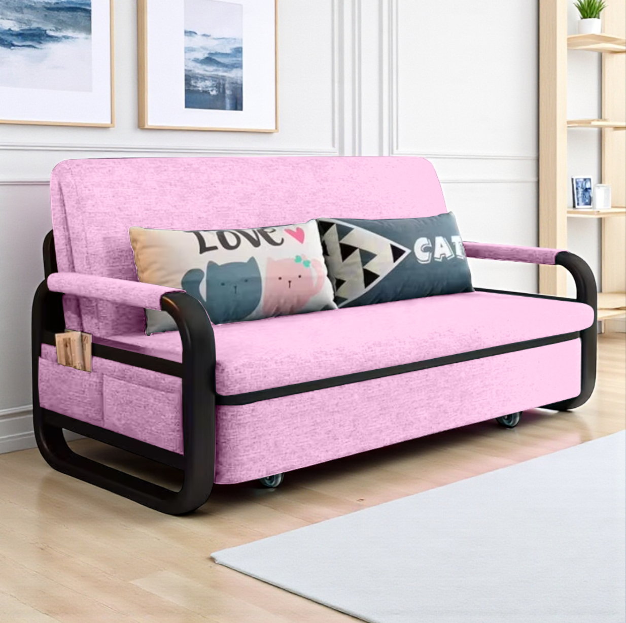 UNICORN FURNITURE Pull Out Sofa Bed with Storage – Convertible Reclining Compact Space Saving Sofabed for Small Spaces 158cm( Pink & Black)