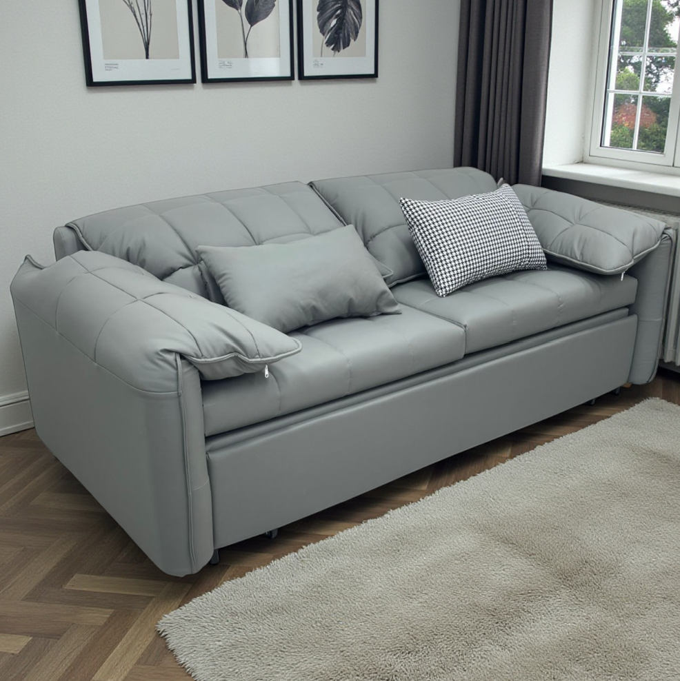 UNICORN FURNITURE Elephant-Style King Size Pull-Out Sofa Bed with Storage – Grey Leather Convertible Couch