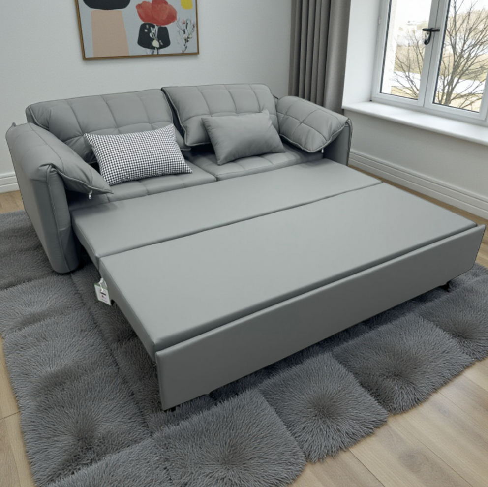 UNICORN FURNITURE Elephant-Style King Size Pull-Out Sofa Bed with Storage – Grey Leather Convertible Couch