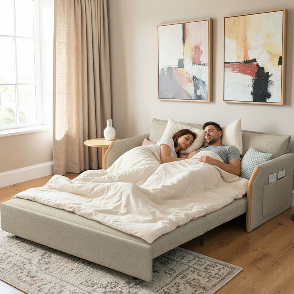 UNICORN FURNITURE Convertible Sofa Bed with Storage, King Size Pull Out Sofa Bed, 3 Seater Sofa Bed in Removable Cotton Fabric, Tool-Free Assembly Sofa Bed with Hidden Storage 170cm (Beige)