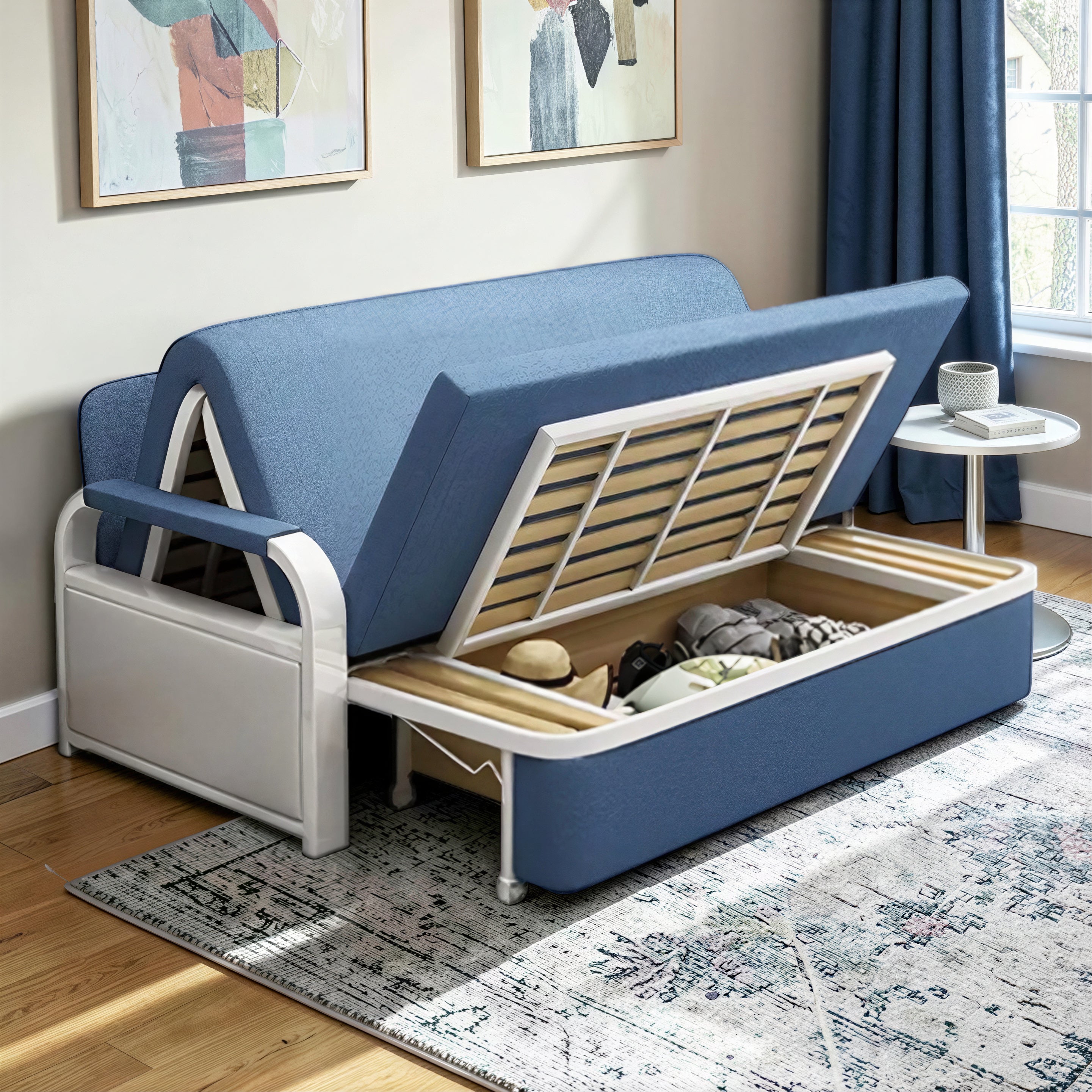 Unicorn Furniture Sofa Bed - Modern Foldable Bed Pull Out Sofa Bed with Storage Sofabed sofa cum bed in Made to Match Cushions (Blue/White)