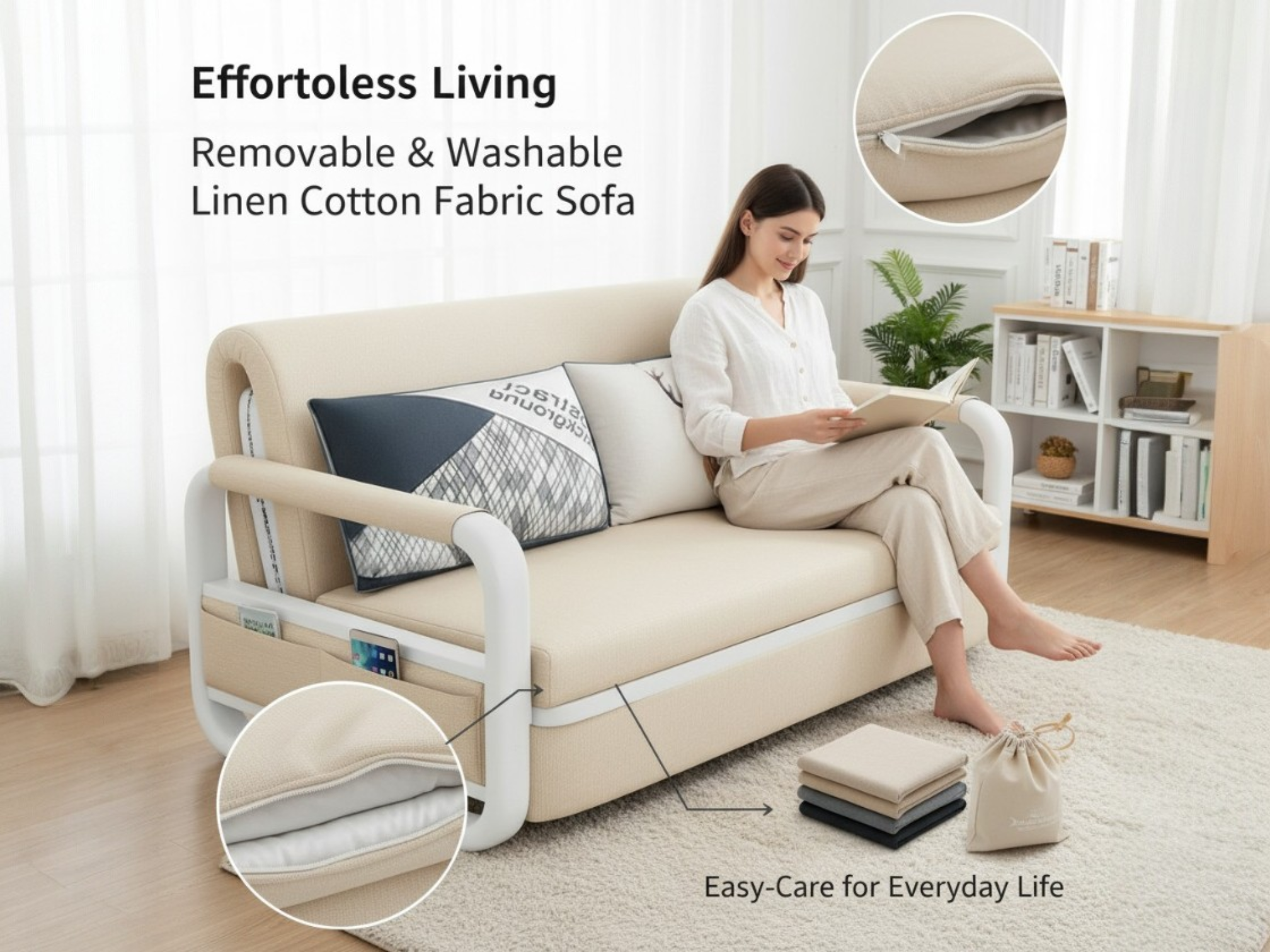 UNICORN FURNITURE Sofa Bed with Storage – Double Sofa Bed Pull Out, Convertible 2 Seater Sofa Bed, Reclining Sleeper Couch, Compact Space Saving Sofabed 158cm (Beige & White Frame)