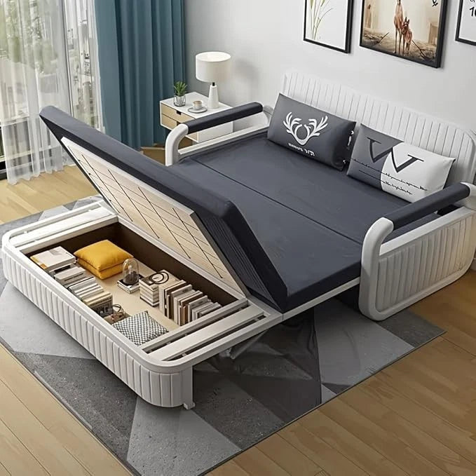 Unicorn Furniture Sofa Bed Modern Foldable Reclining Sleeper Bed Pull Out SofaBed with Storage Upholstered in Grey Cotton Linen & White Leather