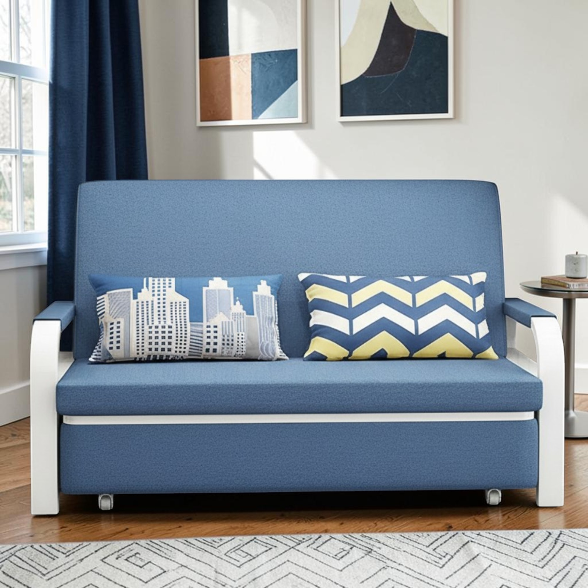 Unicorn Furniture Sofa Bed - Modern Foldable Bed Pull Out Sofa Bed with Storage Sofabed sofa cum bed in Made to Match Cushions (Blue/White)