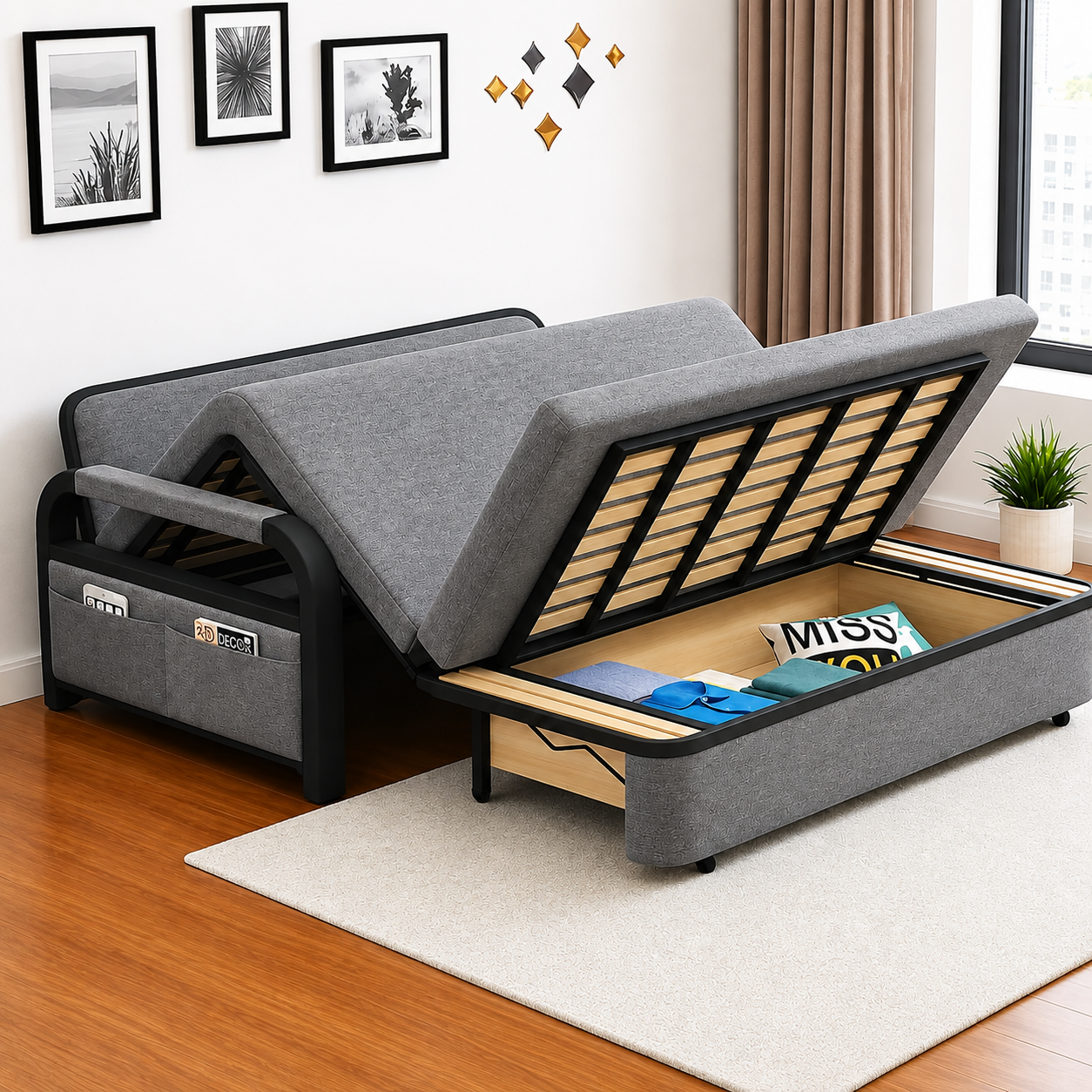 UNICORN FURNITURE Pull Out Sofa Bed with Storage – Convertible 2 Seater Sofa Bed, Reclining Sleeper Couch, Compact Space Saving Sofabed for Living Room, Guest Room & Small Spaces 158cm (Grey & Black)