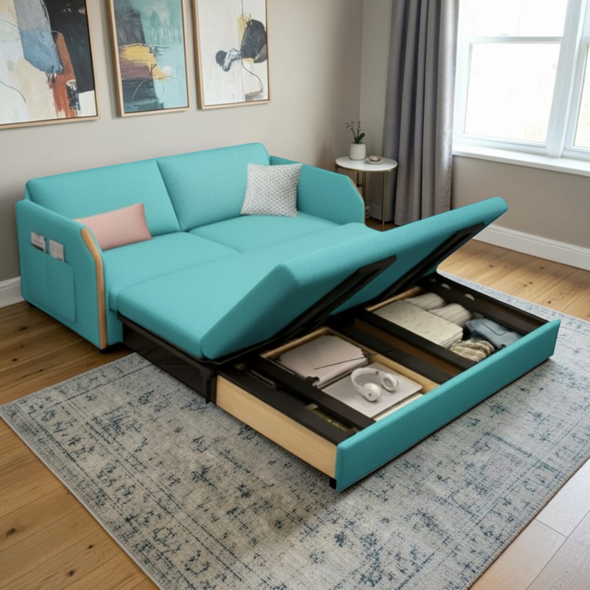 UNICORN FURNITURE Convertible Sofa Bed with Storage, King Size Pull Out Sofa Bed, 3 Seater Sofa Bed in Removable Cotton Fabric, Tool-Free Assembly Sofa Bed with Hidden Storage 170cm (Duck Egg Blue)