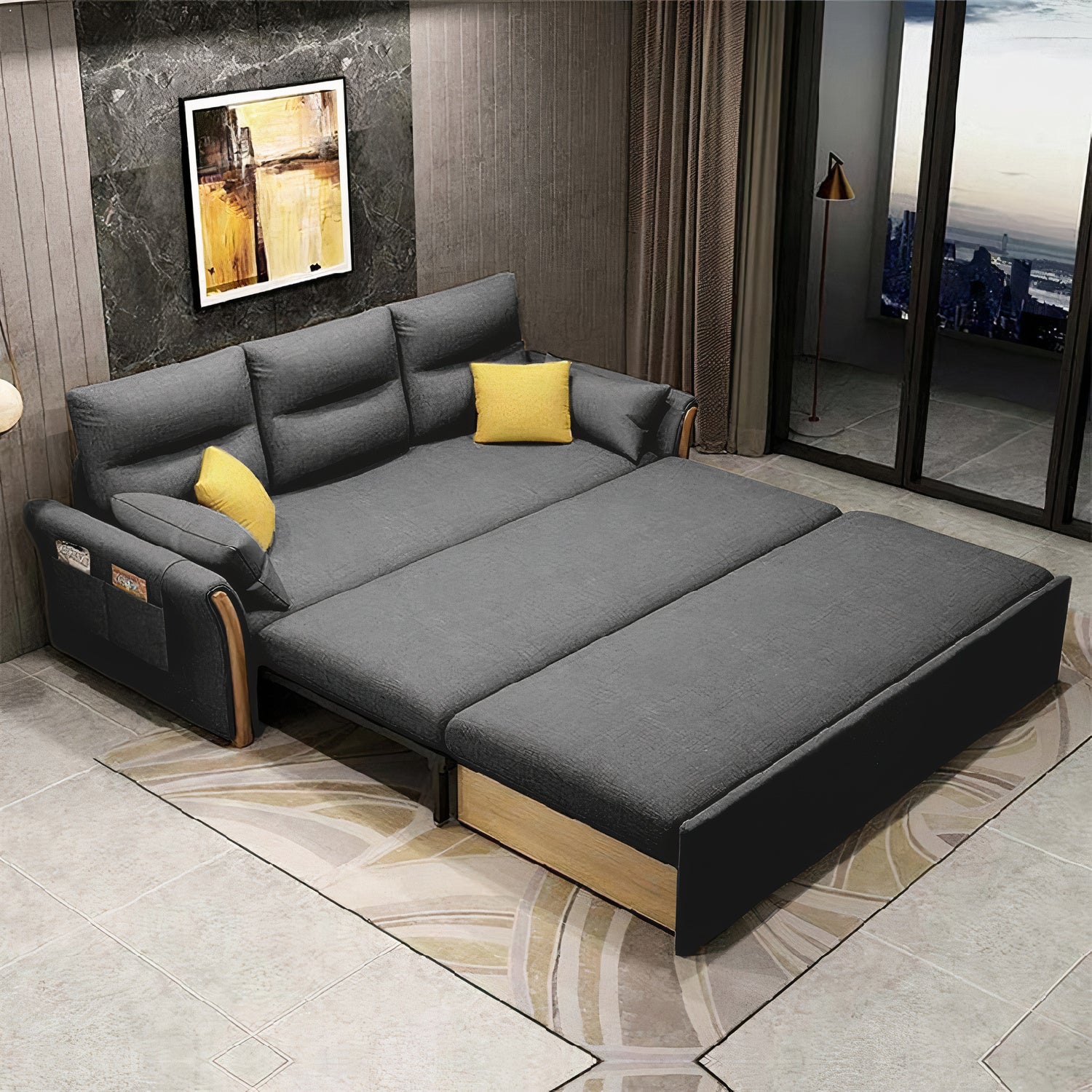 Unicorn Furniture Convertible Sofa Bed King Size Pull Out Sofabed with Storage in Cotton Fabric, Tool-Free Assembly, Modern Reclining Sleeper Couch for Living Room, Guest Room & Small Spaces (Grey)