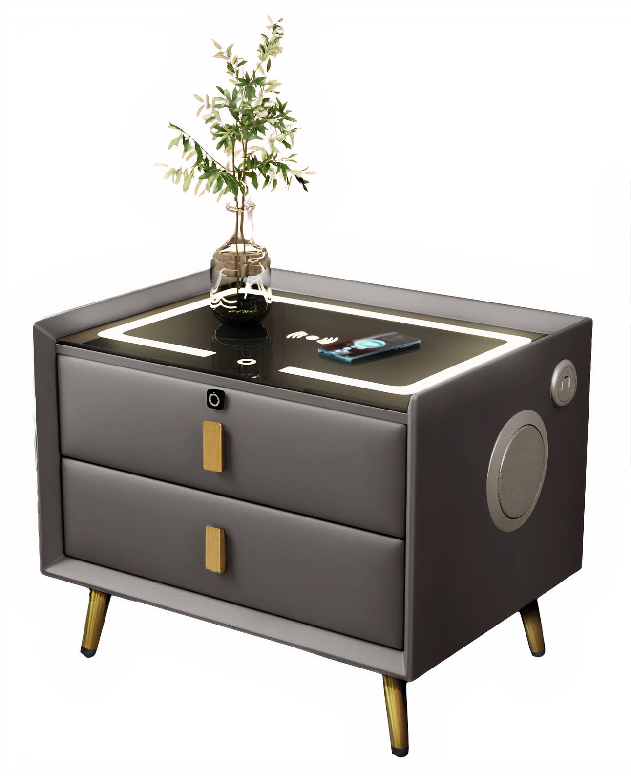 Smart Bedside Table With Smart Fingerprint Lock 5.0 Bluetooth Speakers 2 Drawers Built-in Three-Tone Lights Wireless Charging