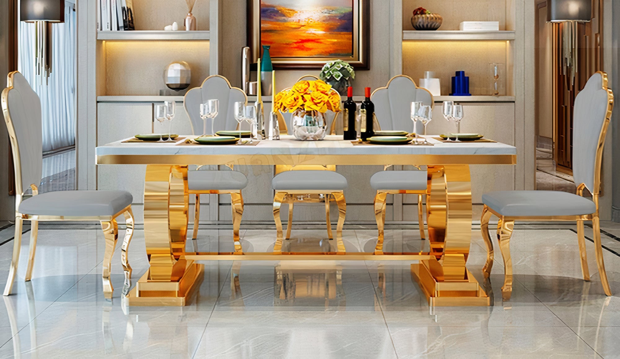 Luxury Marble Table Dining Set of 6 Chairs in Grey Leather & Marble Dining Top in 150 x 90 x 75cm